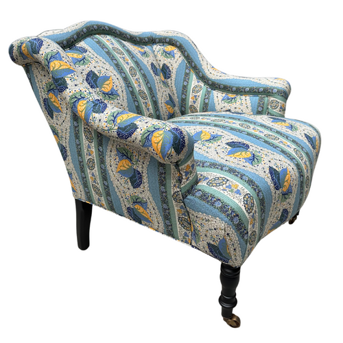John Derian Custom Bog Chair In Décors Barbares Casse-noisette Blue Fabric Custom Furniture
