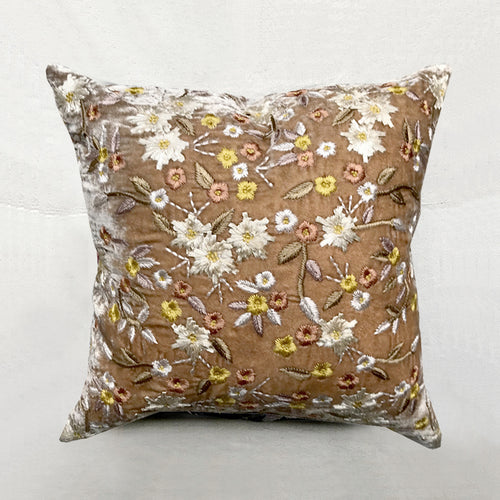 john derian Czarina Silk Velvet Cushion in Taupe Add to cart Details16" x 16" Each item will feature unique variations Call Dry Goods Shop for additional sizes Embroidered in India and finished in Germany. Down insert Included C