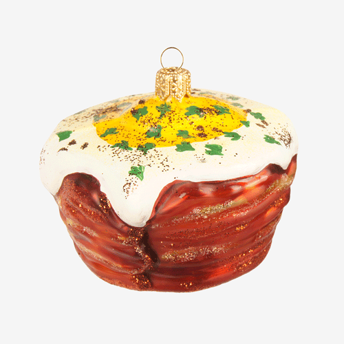 john derian Egg Bacon Muffin Ornament Add to cart All Holiday ornaments and items are final sale and are not eligible for return or exchange.  Details 2.6" W Glass Handblown in Poland Please note all ornaments and holiday ite