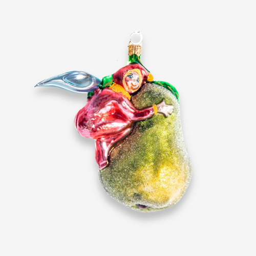 john derian Elf On Pear Ornament Add to cart All Holiday ornaments and items are final sale and are not eligible for return or exchange.  With its whimsical details this eccentric gnome perched on a pear ornament brings a sprin