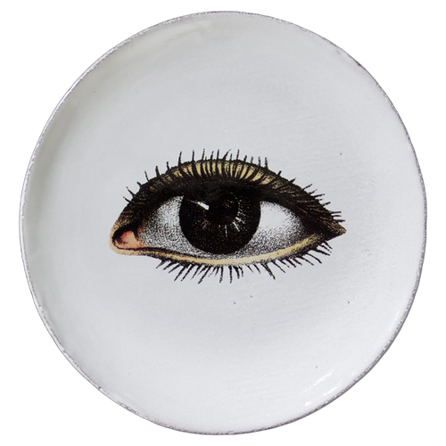 john derian Eye (Left) Saucer Add to cart Soucoupe Oeil Gauche Details 6" Diameter x .5" Deep Glazed terracotta Made in Paris Care Dishwasher safe on a moderate wash cycle. Not microwave safe. Image Origin late 19th to early 20t