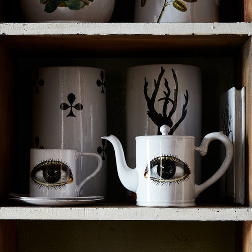 John Derian Eye Mug Add To Cart Tasse Oeil Details 3" Diameter X 5" W 3.5" H Glazed Terracotta Made In Paris Care Dishwasher Safe On A Moderate Wash Cycle. Not Microwave Safe. Image Origin Late 19th To Early 20th Century. John