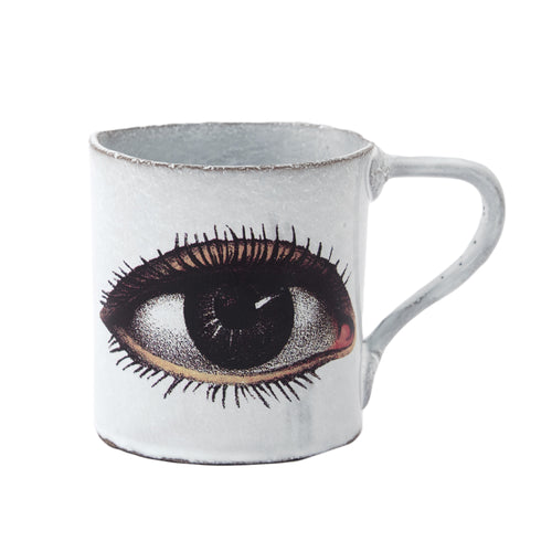 john derian Eye Mug Add to cart Tasse Oeil Details 3" Diameter x 5" W 3.5" H Glazed terracotta Made in Paris Care Dishwasher safe on a moderate wash cycle. Not microwave safe. Image Origin late 19th to early 20th century. John