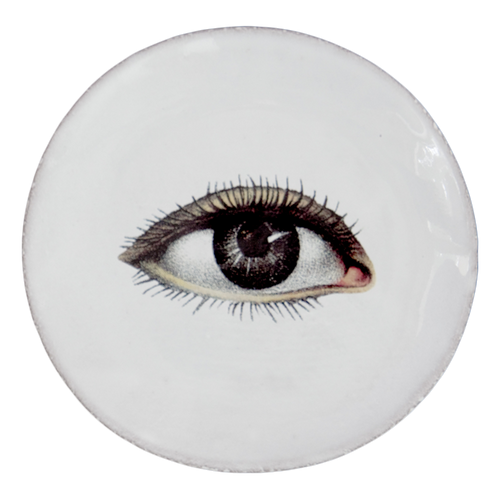 john derian Eye (Right) Saucer Add to cart Soucoupe Oeil Droit Details 6" Diameter x .5" Deep Glazed terracotta Made in Paris Care Dishwasher safe on a moderate wash cycle. Not microwave safe. Image Origin late 19th to early 20t