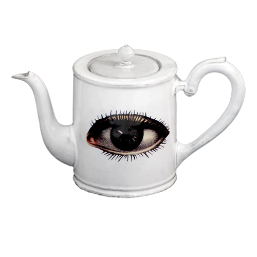 john derian Eye Teapot Add to cart Details 8.3" W x 3.9" Diameter x 5.1" H Glazed terracotta Made in Paris Care Dishwasher safe on a moderate wash cycle. Not microwave safe. John Derian teamed up with Astier de Villatte to add h