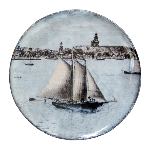 john derian Fishing Schooner Saucer Add to cart Soucoupe Goelette a Peche Details 4.5" Diameter x .5" Deep Glazed terracotta Made in Paris Care Dishwasher safe on a moderate wash cycle. Not microwave safe. John Derian teamed up