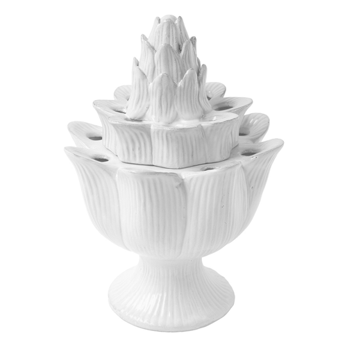 john derian Flower Pick Artichoke Vase Add to cart Details 4.7" x 4.7" x 6.7" H Black Terra Cotta with White Enameled Glaze Each item will feature unique variations Limited availability  Made in Paris Care Dishwasher safe on a