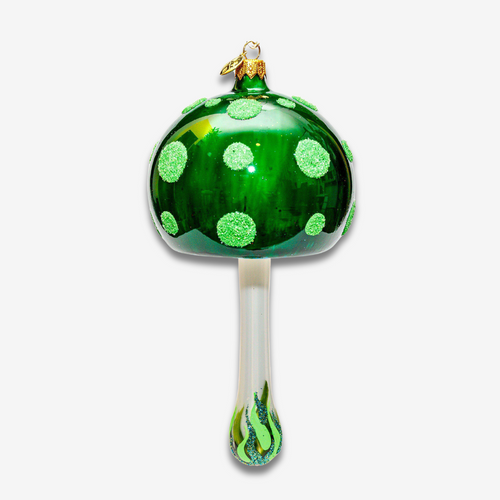 john derian Green Rounded Top Mushroom Ornament Add to cart All Holiday ornaments and items are final sale and are not eligible for return or exchange.  With its bright green and whimsical spotted details this eccentric mushroo