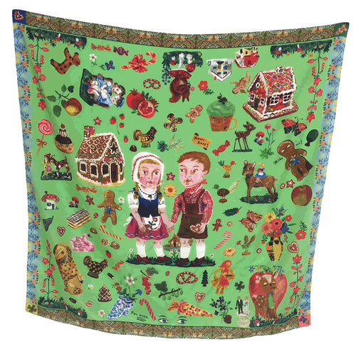 john derian "Hansel & Gretel" Silk Scarf Add to cart Details 38" x 38" Each item will feature unique variations Made in Italy Care Dry clean only   Whether it's a silk scarf a painted sculpture a bag or a pillow French painter