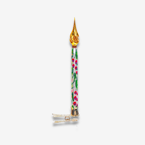 john derian Holly Candle Clip-on Ornament Add to cart Crafted with delightful detail this candle ornament features a classic holly motif adorned with a small orange flame. Designed as a clip-on this ornament easily attaches to y
