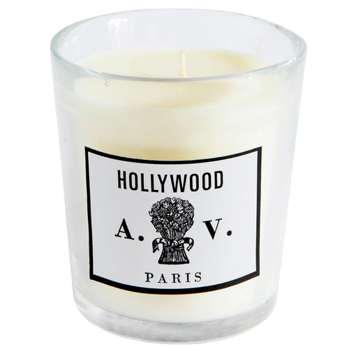 john derian Hollywood Candle Add to cart Contains essences of mauve lilacs with puffs of rose and jasmine Details 3 1/2" diameter x 4" tall 100% natural 100% cotton braided wick Burn time: 60-70 hours The glass pots are blown in