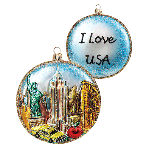 john derian I Love USA Disc Ornament Add to cart All Holiday ornaments and items are final sale and are not eligible for return or exchange.  Details 3.5" W Glass Handblown in Poland Please note all ornaments and holiday ite