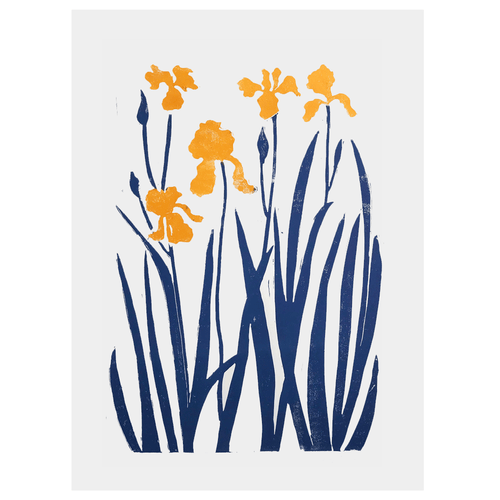john derian Indigo & Yellow Iris 22 x 30" Linocut Print with Colored Ink