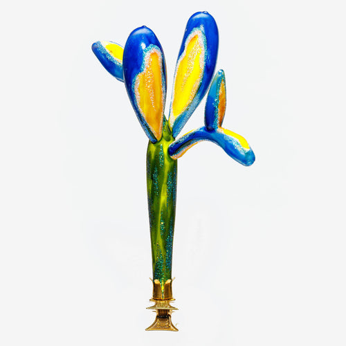 john derian Iris Flower Clip-On Ornament Add to cart All Holiday ornaments and items are final sale and are not eligible for return or exchange.  Details 3" W x 6" H Glass Handblown in Poland Please note all ornaments and hol