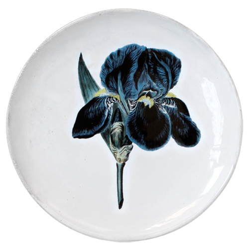 john derian Iris Flower Dinner Plate Add to cart Assiette Plate Fleur Bleue Details 10" Diameter x .5" Deep Glazed terracotta Made in Paris Care Dishwasher safe on a moderate wash cycle. Not microwave safe. John Derian teamed up