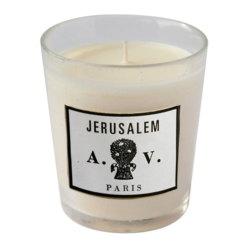 john derian Jerusalem Candle Add to cart cedar wood and nutmeg followed by the lighter more vegetal gum resin and cypress. Details 3 1/2" diameter x 4" tall 100% natural 100% cotton braided wick Burn time: 60-70 hours The glass