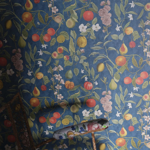 John Derian Orchards Fruits Indigo Wallpaper
