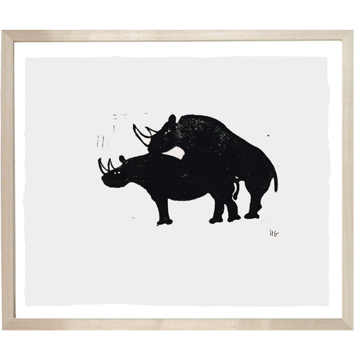 john derian Rhinos humping 10 x 12" Linocut Print