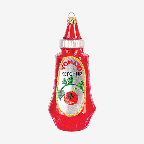 john derian Ketchup Bottle Ornament Add to cart All Holiday ornaments and items are final sale and are not eligible for return or exchange.  Details 4.75" H Glass Handblown in Poland Please note all ornaments and holiday item