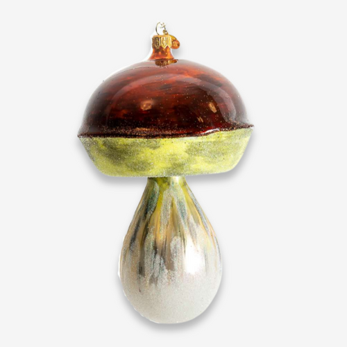 john derian Large Yellow & Brown Mushroom Ornament Add to cart All Holiday ornaments and items are final sale and are not eligible for return or exchange.  With its natural hues and whimsical spotted details this eccentric mush