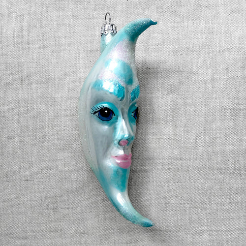 John Derian Light Blue & White Moon Ornament Add To Cart All Holiday Ornaments And Items Are Final Sale And Are Not Eligible For Return Or Exchange.  Details 3" W X 5.5" H Glass Handblown in Poland Please Note All Ornaments A