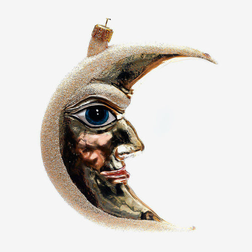 john derian Light Brown Moon Ornament Add to cart All Holiday ornaments and items are final sale and are not eligible for return or exchange.  Details 3" W x 5.5" H Glass Handblown in Poland Please note all ornaments and holi