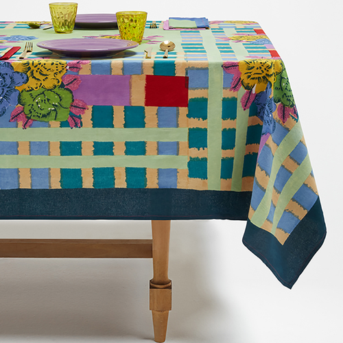 John Derian Lisa Cotton Corti Panel In Ankara Aqua 180 X 270cm 71" X 106" Tablecloth