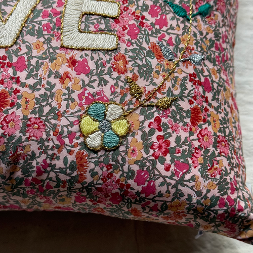 John Derian "Love" Embroidered Cushion (CS 09-06) Add To Cart The "Love" Embroidered Pillow By CSAO Features A Charming Floral Print Motif Hand-embroidered Lettering And Flowers Showcasing West African Craftsmanship. Notably Eac