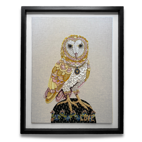 John Derian "Love & Hope" Pair Of Hand Embroidered Owls By Zara Merrick Add To Cart Details Pair  "Love & Hope" By Zara Merrick 2025 30" W X 38" H  Mixed Media Floated In A Custom black Wooden Frame Behind Plexiglass Hand Emb