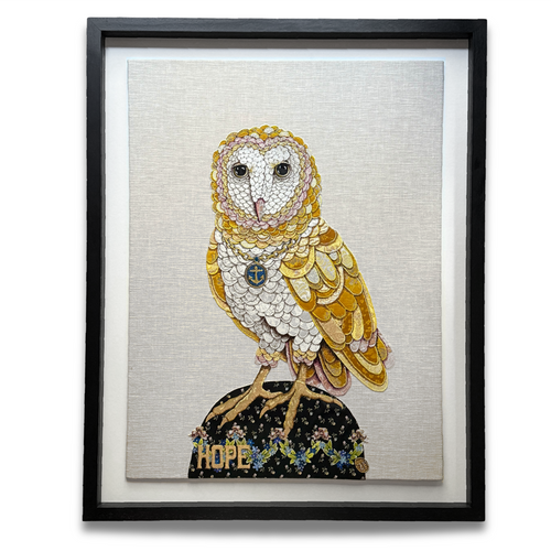 John Derian "Love & Hope" Pair Of Hand Embroidered Owls By Zara Merrick Add To Cart Details Pair  "Love & Hope" By Zara Merrick 2025 30" W X 38" H  Mixed Media Floated In A Custom black Wooden Frame Behind Plexiglass Hand Emb