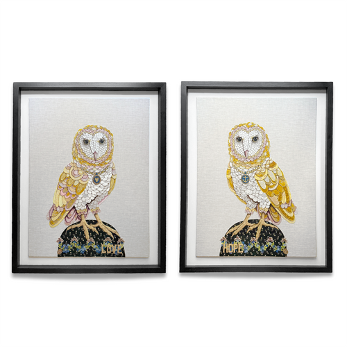 john derian "Love & Hope" Pair of Hand Embroidered Owls by Zara Merrick Add to cart Details Pair  "Love & Hope" by Zara Merrick 2025 30" W x 38" H  Mixed media Floated in a custom black wooden frame behind plexiglass Hand emb