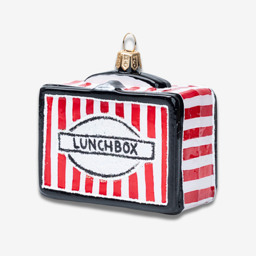 john derian Lunch Box Ornament Add to cart A nostalgic touch for your tree: this retro Lunch Box Ornament features a classic design with vibrant red and white stripes. Crafted with intricate details including a metal clasp and a