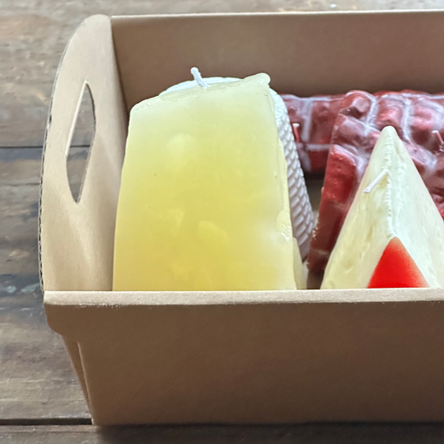 John Derian Meat & Cheese 8 Piece Candle Set Add To Cart Details 8 Pieces Included: Fetta Formaggio Red & Black Cheese Slices Pane Rosetta Roll Candle Scamorza Round Cow's Milk Cheese Selame Formaggio Graviera Cheese And Capocol