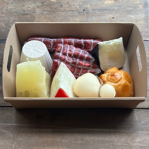 john derian Meat & Cheese 8 piece Candle Set Add to cart Details 8 Pieces included: Fetta Formaggio Red & Black Cheese Slices Pane Rosetta Roll Candle Scamorza Round Cow's Milk Cheese Selame Formaggio Graviera Cheese and Capocol