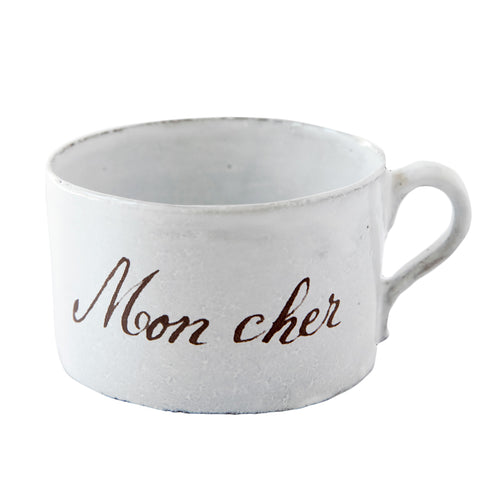 john derian Mon Cher Cup Add to cart Tasse Details 3.5" Diameter x 5" W x 2"H Glazed terracotta Made in Paris Care Dishwasher safe on a moderate wash cycle. Not microwave safe. John Derian teamed up with Astier de Villatte to ad