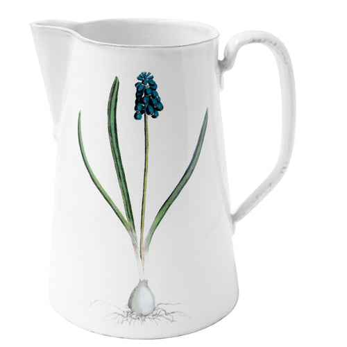 john derian Muscari Pitcher Add to cart Details 8.1" L x 6.1" W x 8.7" H Glazed terracotta Made in Paris Care Dishwasher safe on a moderate wash cycle. Not microwave safe.  John Derian teamed up with Astier de Villatte to add