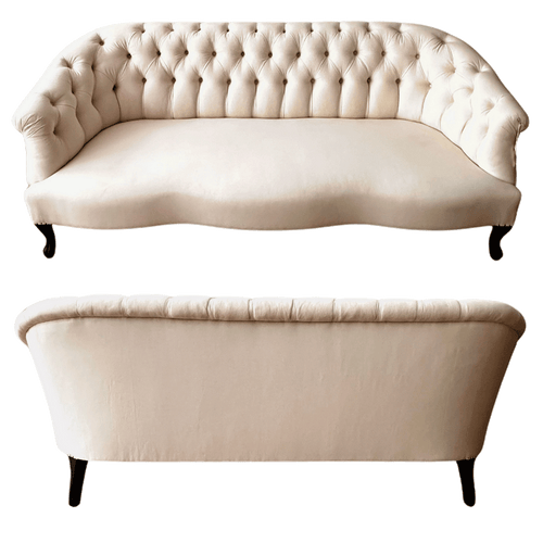 John Derian Muslin Covered 19th Century Style Tufted Sofa Add To Cart Included In Our Carefully Curated Antique Furniture collection Is a 19th Century Style Tufted Sofa Upholstered In Muslin. Details 70" L X 28" W X 27" H With