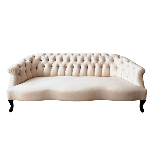 john derian Muslin Covered 19th Century Style Tufted Sofa Add to cart Included in our carefully curated antique furniture collection is a 19th Century Style Tufted Sofa upholstered in Muslin. Details 70" L x 28" W x 27" H with