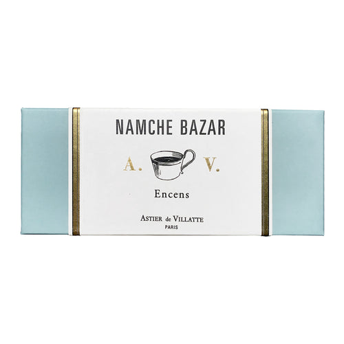 john derian Namche Bazar Incense Add to cart Contains scents of dried hay patchouli yerbe maté citrus musk fresh verveine lavender and smoky tobacco.  Details 6" x 2.5" x .7" Each box contains 125 sticks. 30 minute burn tim