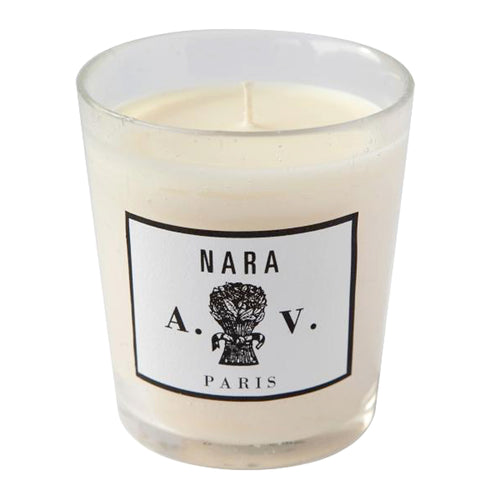 john derian Nara Candle Add to cart Contains essences of Sandalwood Amyris Sambac Jasmine Ginger Roots Cashmeran and Amber. Details 3 1/2" diameter x 4" tall 100% natural 100% cotton braided wick Burn time: 60-70 hours The glass