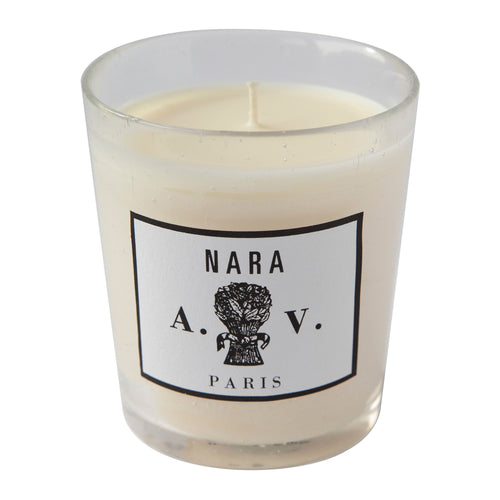john derian Nara Candle Add to cart Contains essences of Sandalwood Amyris Sambac Jasmine Ginger Roots Cashmeran and Amber. Details 3 1/2" diameter x 4" tall 100% natural 100% cotton braided wick Burn time: 60-70 hours The glass