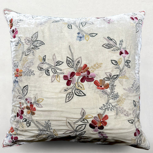 john derian New Flower Embroidered Silk Velvet Cushion in Ivory Add to cart The Anke Drechsel "New Flower" Pillow in Ivory made from silk velvet and adorned with embroidered flowers exudes opulence.  Anke's unique designs metic
