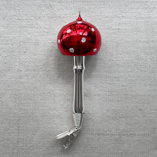 john derian Nostalgic Clip-On Mushroom Ornament Add to cart All Holiday ornaments and items are final sale and are not eligible for return or exchange.  Details 1.5" W x 4" H Glass Handblown in Poland Item embraces unique im