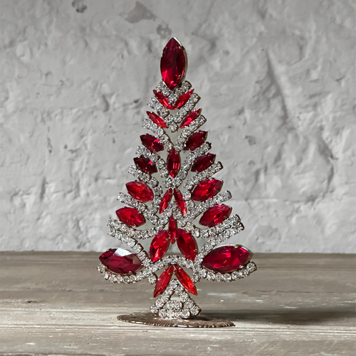 john derian Nostalgic Jeweled Clear & Red Blue Crystal Tree Add to cart All Holiday ornaments and items are final sale and are not eligible for return or exchange.  Details 3.75" W x 5.5" H