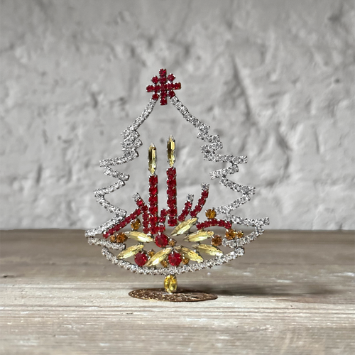 john derian Nostalgic Jeweled Red & Gold Glass Crystal Tree with Candles Add to cart All Holiday ornaments and items are final sale and are not eligible for return or exchange.  Details 3.5" W x 5.75" H