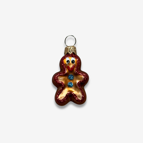 john derian Nostalgic Mini Gingerbread Man Ornament Add to cart All Holiday ornaments and items are final sale and are not eligible for return or exchange.  Details 1" W x 2" H Glass Mouth blown in Laucha Germany Item embrace