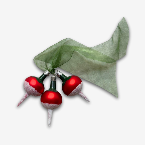 john derian Nostalgic Radish Bunch Ornament with Ribbon Add to cart All Holiday ornaments and items are final sale and are not eligible for return or exchange.  This vintage inspired vegetable ornament is a nostalgic addition t