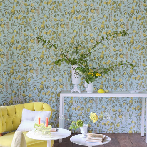 John Derian Orchards Fruits Parchment Sky Blue Wallpaper