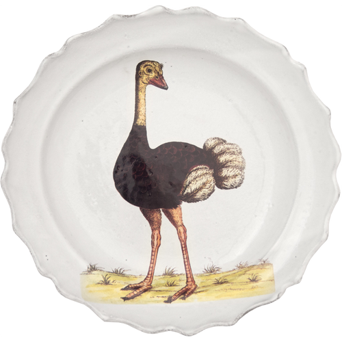 john derian Ostrich Soup Plate Add to cart Assiette Creuse Autruche Details 10" L x 9.5" W x 1" Deep Glazed terracotta Made in Paris Care Dishwasher safe on a moderate wash cycle. Not microwave safe. Image Origin England 1737. J