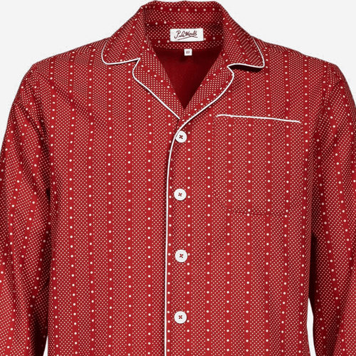 John Derian P. Le Moult Light Herringbone Dot Striped Pajama Set In Red & White With White Piping Size 1 - $240.00 Size 2 - $240.00 Size 3 - $240.00 Size 4 - $240.00 Size 5 - $240.00 Size 6 - $240.00